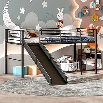 Giantex Twin Loft Bed with Slide, Metal Low Bunk Bed w/Safety Guardrails & Built-in Ladder, Children Loft Bed for Boys & Girls Junior Teen, No Box Spring Needed (Black)