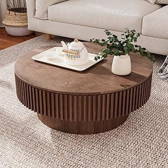 Round Coffee Table with Storage, Modern Wooden Coffee Table with Solid Wood Veneered, Circle Center Table Accent Tea Table for Living Room Apartment Small Space (31.5''L × 31.5''W × 14''H, Walnut)