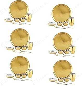 Ebun Heavy Gauge Stainless Steel Dinner Set | Gold PVD Plated Steel Thali Set | Steel Dinner Set for Kitchen | Thali Set for Dinner | Pack of 6 | 42 Pieces | 2 Side Gold PVD Plated Thali