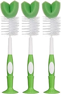 Amazon Brand - Mama Bear Baby Bottle Brush with Nipple Cleaner and Suction Cup Stand, White (Pack of 3)