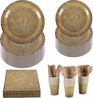 Wood Effect Tableware Set for 30 Guests – 23cm & 18cm Paper Plates, Cups, Napkins & Wooden Cutlery – for Rustic Woodland Theme, Wedding, Picnic, Birthday, Christmas Party