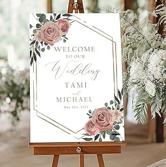 Personalized Welcome Wedding Sign, Dusky Pink Floral Wedding Sign, Wedding Welcome Sign With Stand, Custom Welcome Sign Wedding Decorations For Ceremony, Gold Welcome Sign