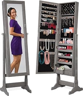 Best Choice Products Freestanding Jewelry Armoire Cabinet, Full Length Standing Mirror, Lockable Makeup Storage Organizer, w/Velvet Lining, 3 Angles, Lock, Accessory Pouch, 5 Shelves - Gray Oak