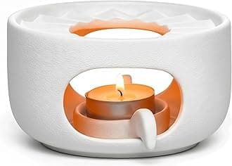Stoneware Teapot Warmer with Safety Candle Spoon - Rustic Coarse Pottery Tea Heater Base with Vent Holes, Matte Finish Zen Decor for Glass & Ceramic Teapots, Coffee, Hot Sake (White)