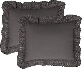 Ruffled Bed Pillow Shams with Embroidered Eyelet Detail, King, Grey, 2-Pack