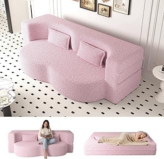 CAPCAEK Folding Sofa Bed,15" Full Size Folding Mattress for Living Room,Convertible Teddy Fabric Foam-Filled Pocket Spring Sleeper Sofa Bed (Pink)