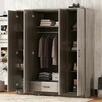 Quarte 4-Door Wardrobe with Drawers, Shelves and Hanging Rail, Freestanding Armoire Wardrobe Closet, Clothes Storage Cabinet Organizer