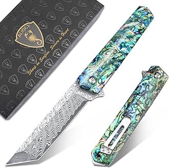 Damascus Pocket Knife with Clip, Sharp Tanto Blade with VG10 Core Folding Knife with Abalone Shell Handle and Glass Breaker, EDC Camping Knife for Gift Survival Collection