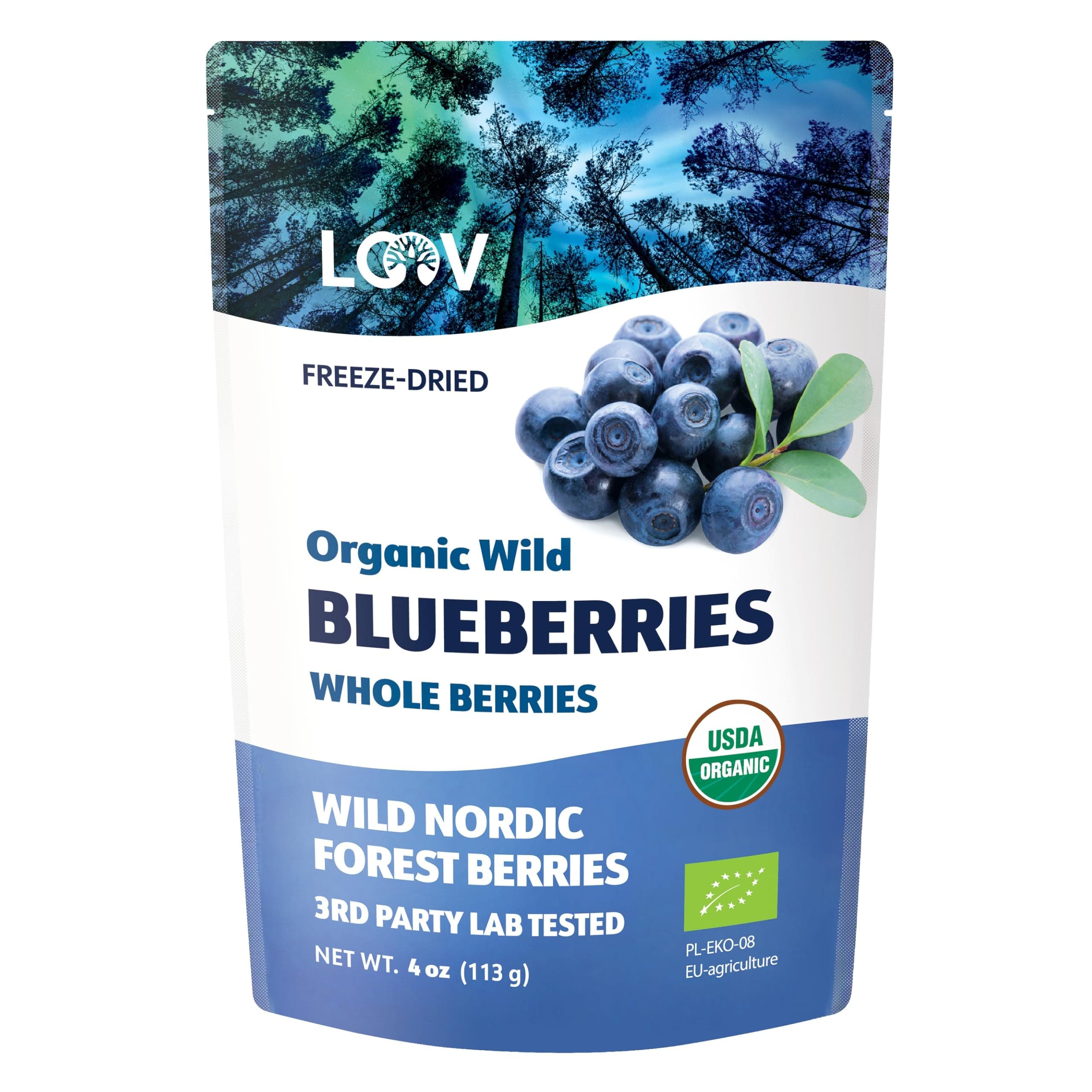 - LOOV Wild Organic Dried Blueberries, No Added Sugar, No Added Oil, 4 Ounces, Freeze Dried Blueberries Organic From Nordic Forests, 100% Whole Fruit Wild Blueberries, Non-GMO, Unsweetened Dried Fruit