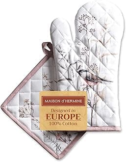 Maison d' Hermine 100% Cotton Oven Mitt & Pot Holder Set (19 x 33 cm & 20 x 20cm) Heat Resistant BBQ Cooking Gloves with Loop, Baking, Grilling, Handling Hot Pans (Meadow Florals - Brown)
