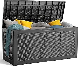 PatioZen 100 Gallon Resin Deck Box, Lockable Patio Outdoor Storage Box for Furniture, Garden Tools and Tools Storage, Waterproof Outside Storage Boxes - Black