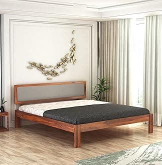 Wooden King Size Bed for Bedroom | Wooden Double Bed | Platform Cot Bed with Upholstered Cushioned Headboard | 6.5 x 6 Ft | Sheesham Solid Wood, Honey Finish