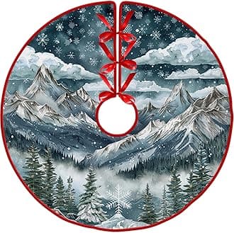 Christmas Mountain Tree Skirt by Leo Walker Merry Christmas Tree Skirt Collar 48 Inch Xmas Trees Soft Farmhouse Holiday Gnomes Reindeer Snowman Snowflakes Decoration