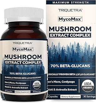 Triquetra HealthMycomax 70% Beta Glucans Mushroom Complex, Maximum Potency Mushroom Supplement, Grown in USA + Ultrasonic Extraction Lions Mane, Cordyceps, Reishi & M