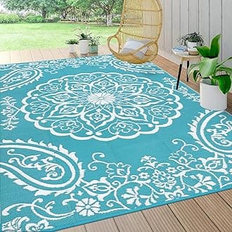 Pauwer Waterproof Outdoor Rug 9x12, Reversible Plastic Straw Patio Camping Rug, Indoor Outdoor RV Mat Carpet for Deck, Camper, Porch, Balcony, Backyard, Picnic, Boho Teal