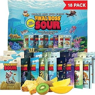 Final Boss Super Sour Candy, Tropical Sampler, 18 Pack, All Sour Levels, Fruit Chews with Real Dried Fruit, No Artificial Colors or Flavors, Low Calorie Snack for Kids, Teens & Adults