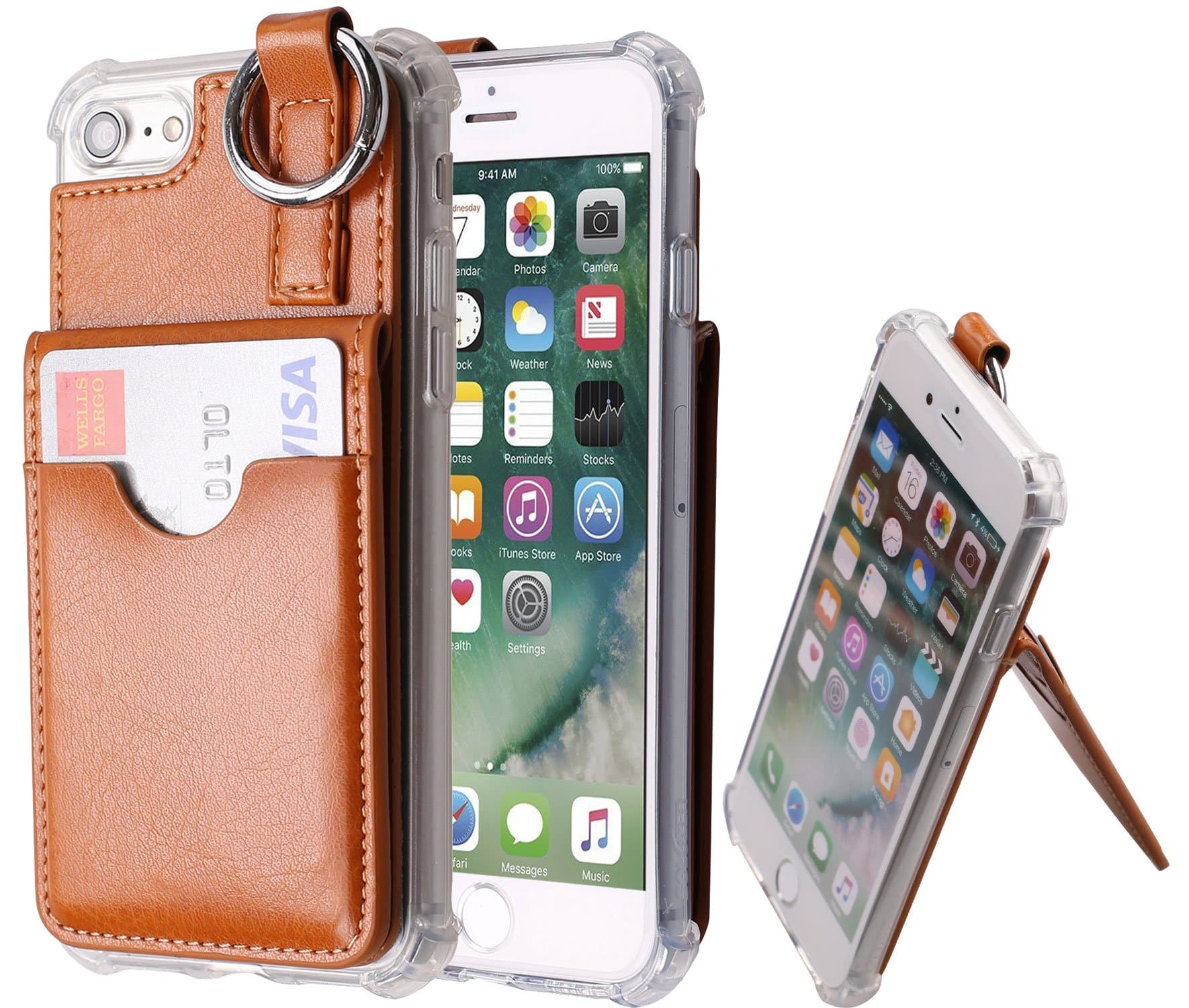 iPhone 7 Wallet Case,[Pocket Ring Bumper] Credit Card Case [Kick Stand] Protective Hybrid Case [Key Ring Holder] with 3 Cards Slot Wallet for iPhone 7 (Brown)