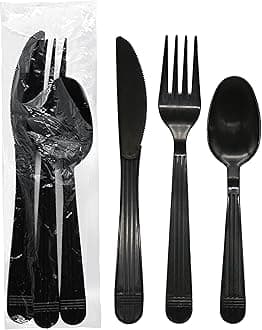Party Essentials Individually Wrapped Heavy Duty Plastic Utensil Kits, 50 Sets for Party Catering, Fork/Spoon/Knife, Black