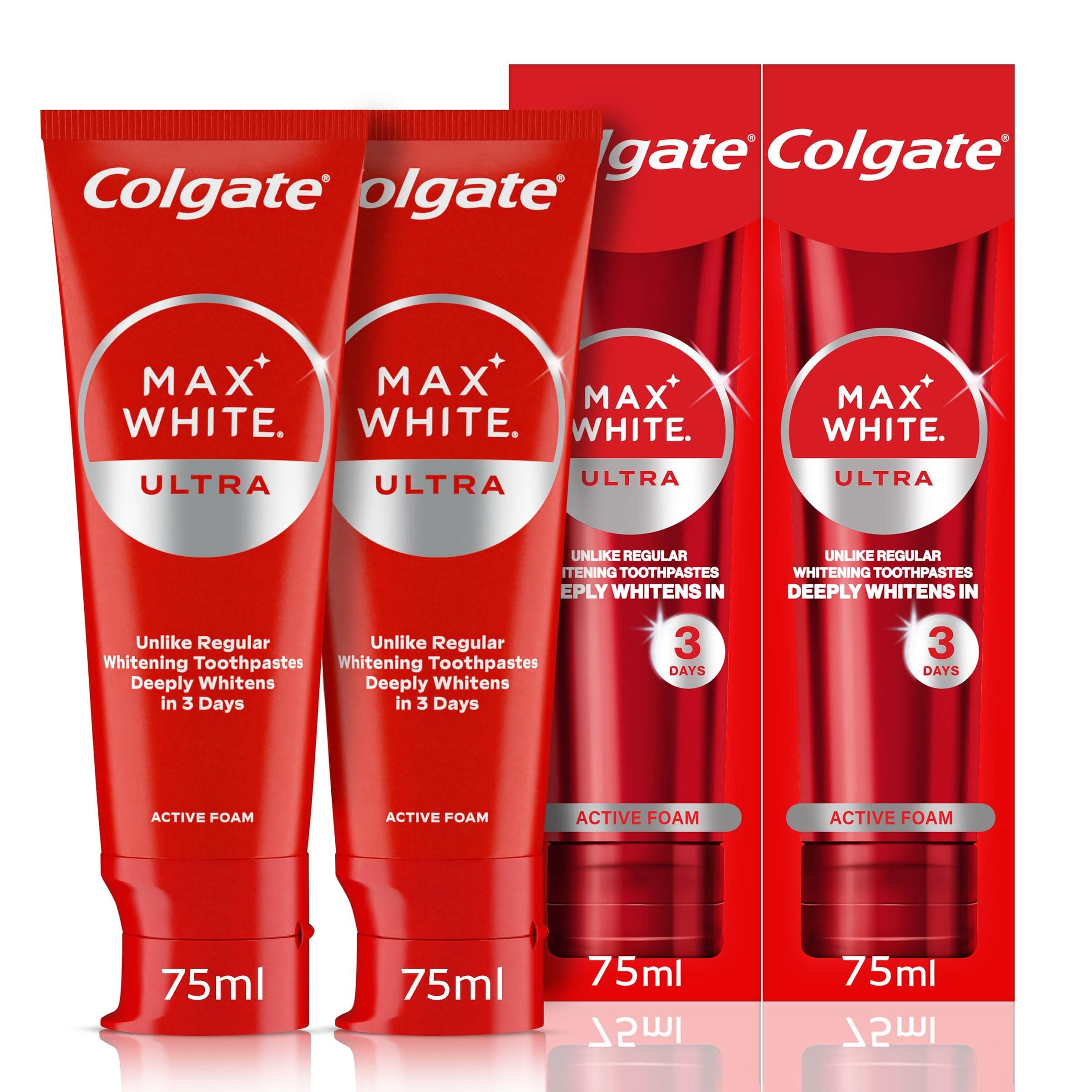 Colgate Max White Ultra Active Foam Toothpaste, at Home Whitening Toothpaste Clinically Proven Whiter Teeth in 3 Days, Toothpaste Multipack, 2 Pack, 75ml Tubes