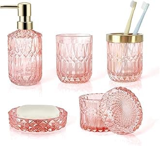 5pcs Clear Glass Bathroom Accessories Set, Crystal Pink Bathroom Decor Set, Soap Dispenser, Toothbrush Holder Set, Soap Dish, Tumbler, Qtips Holder, Modern Decor for Bathroom, Gift Set