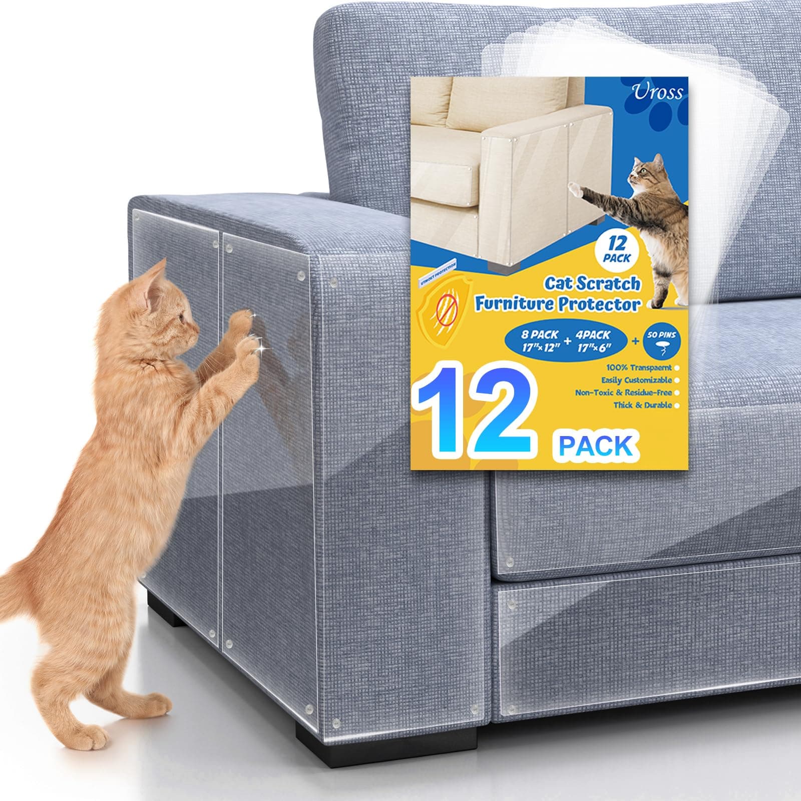 Uross Cat Scratch Furniture Protector - 12 Pack Couch Corner Sofa Protector for Cats, Anti Scratch Cat Furniture Protector, 8PCS 17" x 12" + 4 PCS 17" x 6" Cat Scratch Guards Deterrent for Furniture