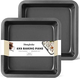 HONGBAKE Square Cake Baking Pan, Nonstick 8x8 Brownie Pans with Wide Grips, 2 Pieces, Premium, Dishwasher Safe, Dark Grey