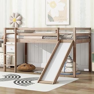Loft Bed Twin Size with Slide and Safety Rails & Ladder for Kids, Teens, Girls, Boys,High Loft Bed/Save Space Design,No Box Spring Needed, Oak