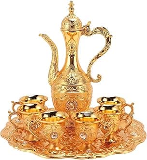 Vintage Turkish Coffee Pot Cups Set with Tray and 6 Cups Retro Tea Pot Cups Set Exquisite Wine Pot Set Decorative Vintage Tea Service Set for Home Party Decor Gold
