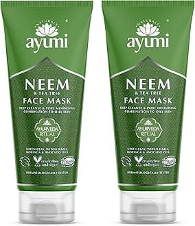 Ayumi Neem & Tea Tree Face Mask | Oil Control Clay Mask for Oily Skin |Green Clay Face Mask for Acne Treatment |Kaolin Clay Mask for Pores |Witch Hazel to Soothe Irritation|Mask for Face care |2x100ml