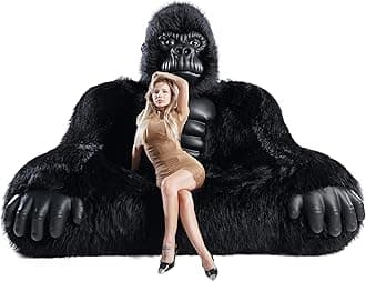 Gorilla Inflatable Luxury Sofa 6.56ft Height King Kong Inflatable Furry Plush Orangutan Furniture for Lounging, Gaming, or Movie Nights (Black)