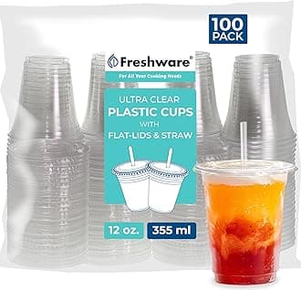 Freshware Clear Plastic Cups with Flat Lids and Straws [100 Cups - 12 oz] Disposable Cups for Iced Coffee, Smoothie, Milkshake, Cold Drinks