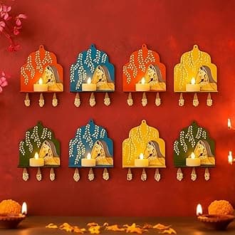 CraftVatika Diwali Decoration Items LED Jharokha Diya Set of 8, Diwali Decor Items, LED Candles Wall Hanging Decorations, DIY Craft Traditional Wooden Jharokha Wall Decor for Living Room Festive Gift