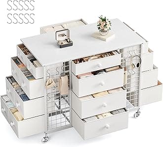 24 Drawers White Dresser for Bedroom, Dressers & Chests of Drawers with 4 Wheels and 40“ * 23” Wide Wooden Top, Metal Frame, Organizer Island with Hooks for Bedroom, Cloakroom, Dressing Room