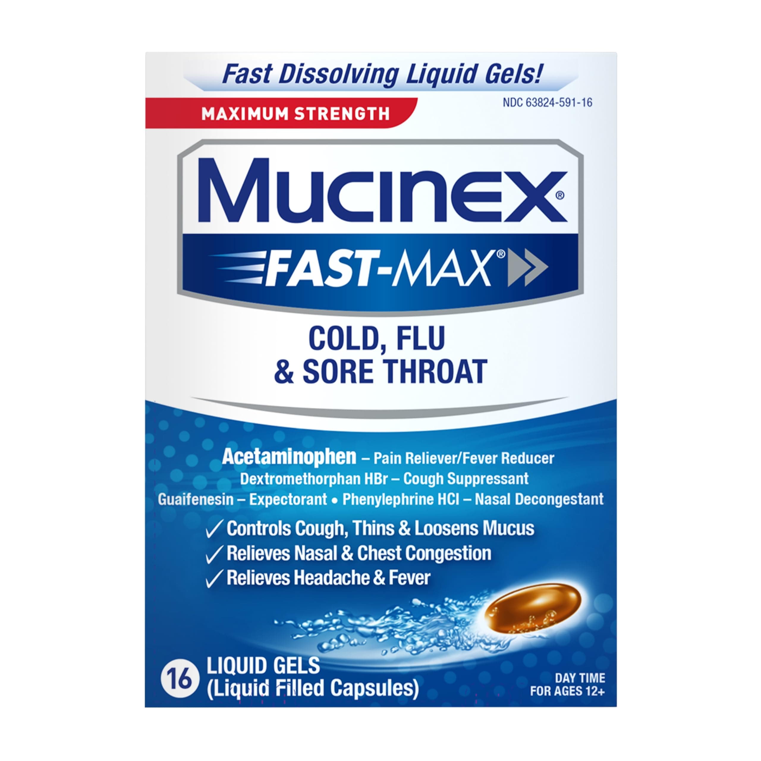 Fast-Max Maximum Strength Cold, Flu & Sore Throat, Multi-Symptom Relief, Pain Reliever, Fever Reducer, Cough Suppressant, Expectorant, Nasal Decongestant, 16 Liquid Gels