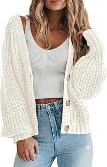 - Women's Chunky Knit Open Front Sweater Long Sleeve Button Loose Short Cardigan Outerwear Coats