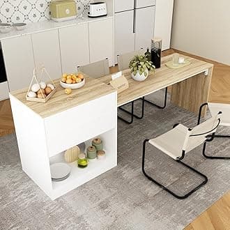 ECACAD Kitchen Island with Storage & Light Brown Top, 94.5" L Kitchen Prep Table with 2 Drawers and 3 Open Shelves, Stationary Table Coffee Bar for Dining Room