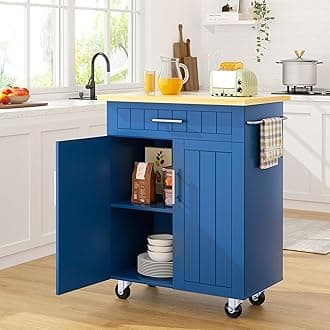 SUNLEI Kitchen Island on Wheels with Storage Cabinet & Drawer, 26" Width Rolling Kitchen Table, Cart Handle for Towel Rack or Free Mobility, Portable Islands for Kitchen, Dining Room(Blue)