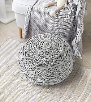 THE HOME TALK Hand Woven & Knitted Cotton Macrame Pouf | Footrest - Bean Bag, Floor Chair - Great for The Living Room, Bedroom and Kids Room - Small Furniture (18"x18"x14") (Light Grey)