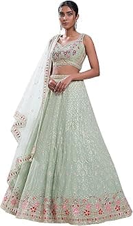TRENDMALLSWomen's Gold Yelllow Net Embroidery Sequence Work Lehenga Choli Set with Dupatta For Women