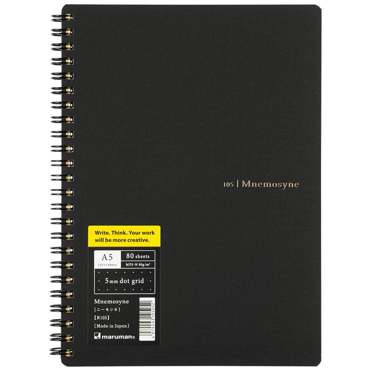 Mnemosyne Dot Grid Notebook- A5, 8.27" x 6.34", 80 Sheets / 160 Pages, 5mm Dotted Journal, Perforated Pages & Wire-Bound to Lay Flat, Black, Made in Japan