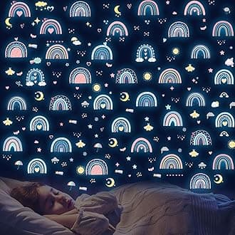 Glow in The Dark Boho Rainbow Wall Decals,Glowing Luminous Small Rainbow Wall Stickers Colorful Removable self-Adhesive Rainbow Sun Moon Star Heart Decals for Girls Bedroom Decoration