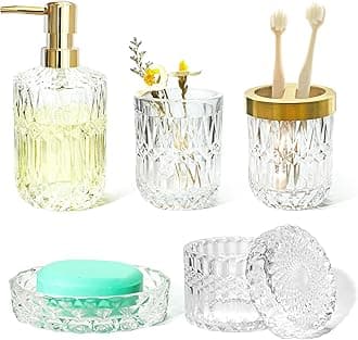 Glass Bathroom Accessories Set, 5pcs Crystal Clear Bathroom Set Accessories, Soap Dispenser, Toothbrush Holder Set, Soap Dish, Tumbler, Qtips Holder for Vintage Bathroom Decor, Gift Set