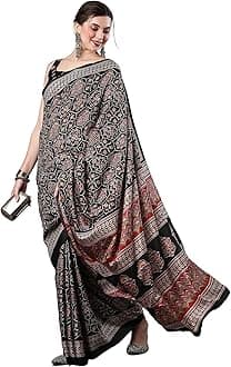 AKHILAM Women's Ajrak Block Print Dola Silk Saree With Unstitched Blouse Piece
