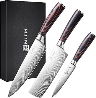 PAUDIN (Paudyn) Kitchen Knife Set [Chef Knife, Vegetable Cutter, Petty Knife] 3-Piece Set Stainless Steel Knives, Sharp Double-Edged, Wooden Handles, Meat Cutting Knife, Fruit Knife, Vegetable Knife