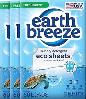 Earth Breeze Laundry Detergent Sheets Fresh Scent - 60 Loads per package. Eco Liquidless Soap - Travel-Friendly for Hot & Cold Cycles, Tackles Tough Stains & Odors - Gentle on Skin, 30 sheets (3 Pack)