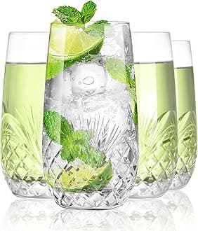 Hand Cut Highball Glasses Crystal (Set of 4, 17Oz) - Elegant Water Juice Drinking Glasses, Everyday Beverage Glasses, Large Collins Glasses Perfect for Restaurant, Kitchen, Bar