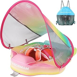 Newest Mambobaby Baby Swim Float with Canopy Non-Inflatable Infant Pool Swim Float Add Tail Solid Water Floats Smart Swim Trainer for Infant Toddler 3-24 Months
