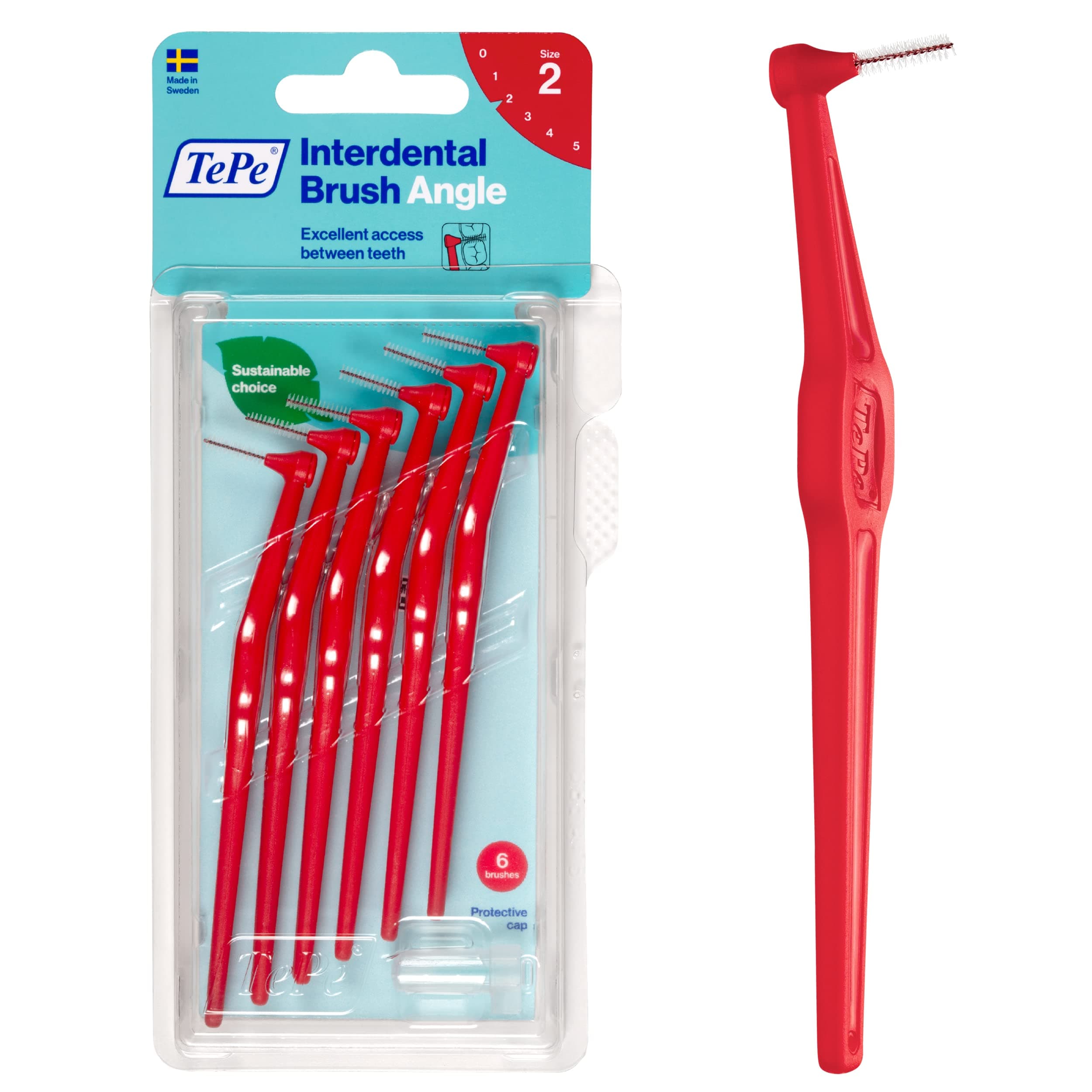 TePe Interdental Brush Angle, Angled Dental Brush for Teeth Cleaning, Pack of 6, 0.5 mm, Extra-Small/Small Gaps, Red, Size 2
