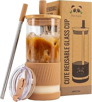 Glass Cups With Lids and Straws -20 Fl Oz- Perfect Size Iced Coffee Cup - Smoothie Cup With Bamboo Lid and On the go Lid - Glass Tumbler With Straw (1 Count (Pack of 1), Amber Sand)