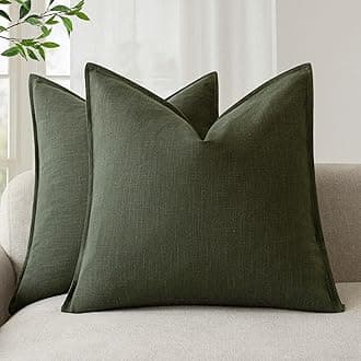 Foindtower Pack of 2, Decorative Linen Solid Throw Pillow Covers Soft Accent Cushion Case Farmhouse Neutral Pillowcase for Chair Couch Sofa Bedroom Living Room Home Decor 18 x 18 Inch Dark Olive Green